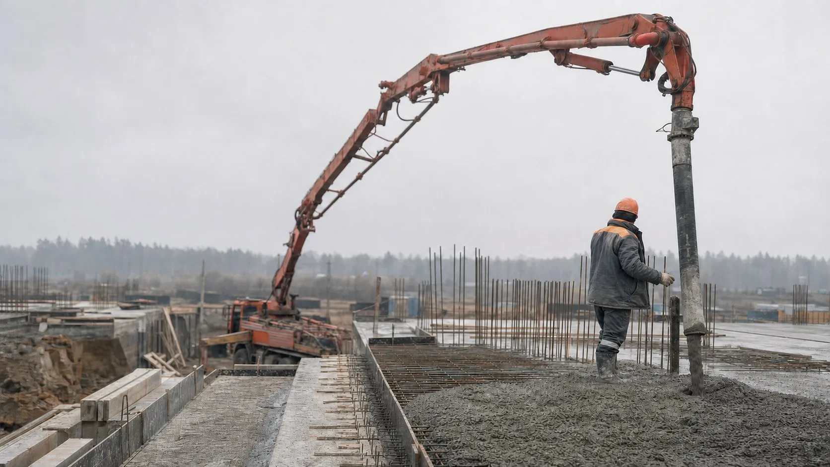 Подача бетонной смеси из миксера на подготовленный объект
